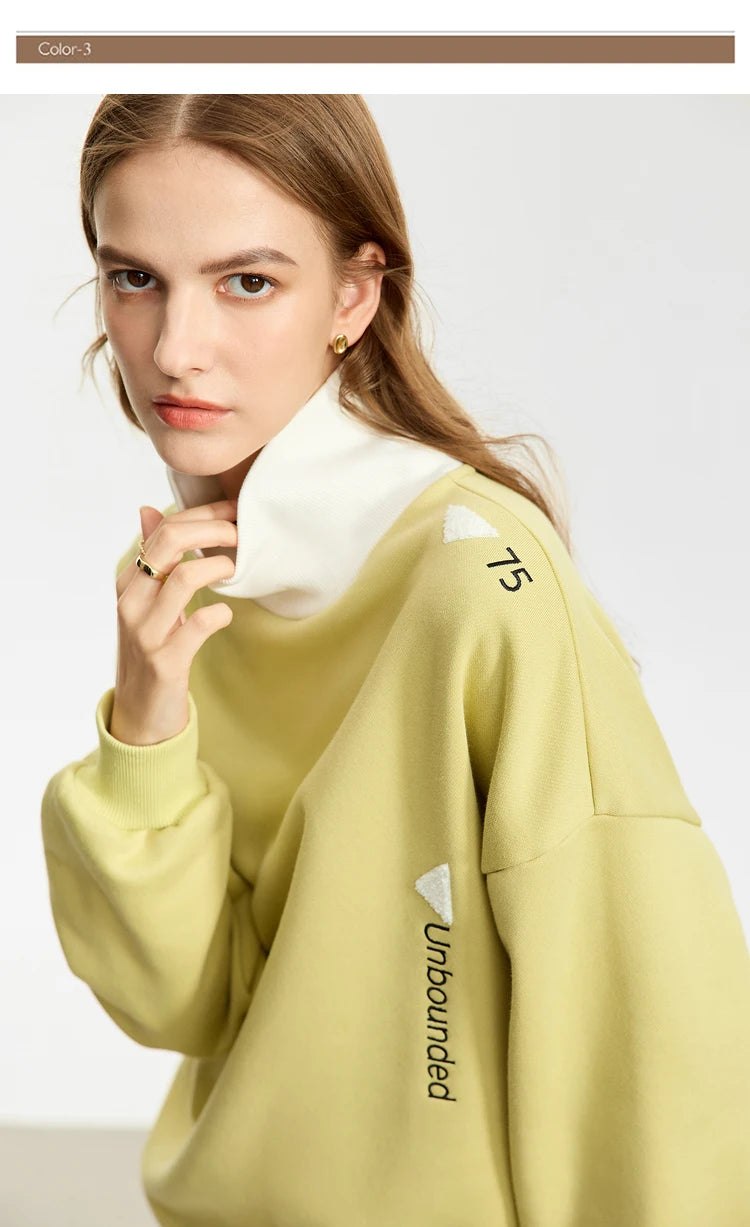 AMII Minimalist Preppy Style Embroidery Sweatshirt Women 2024 Autumn Lazy Loose Spliced Turtleneck Velvet Pullovers 12333011