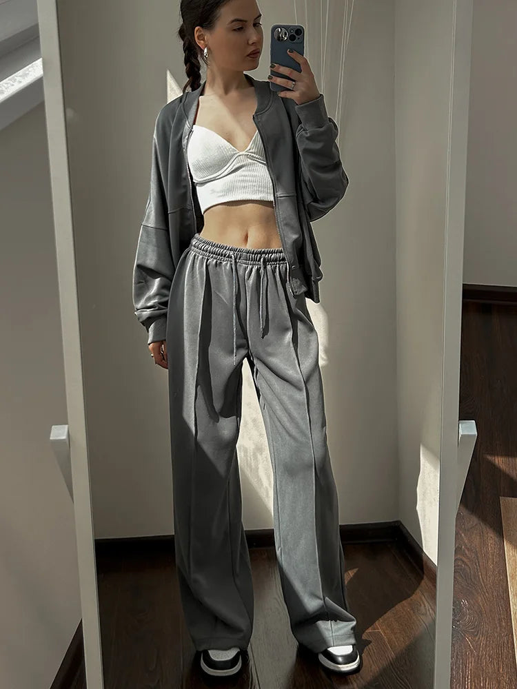 Gray Straight Pants Two Pieces Sets Women Outfit Long Sweatpants Street Wear Zipper Jacket Track Suits Sweatshirt Sets For Women