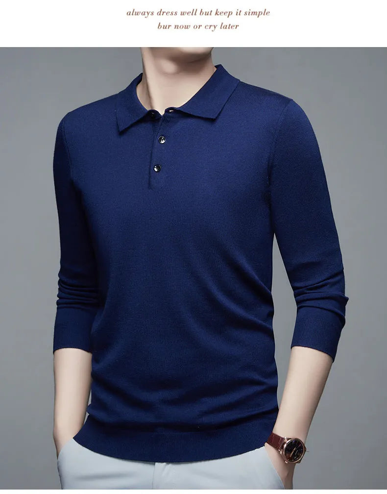 Men's Fine Wool Sweater Polo Collar Pullover Spring Autumn New Cashmere Knitwear Smart Casual Loose Men's Shirts Warm Soft Tops