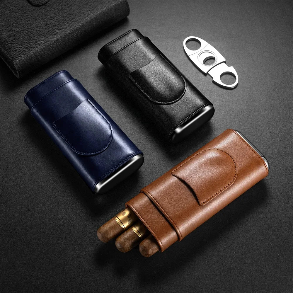 3-pack Cigar Case Luxury Portable Leather Holder Box Storage with Stainless Steel Sharp Cigar Cutter Smoking Accessories CH-24FA