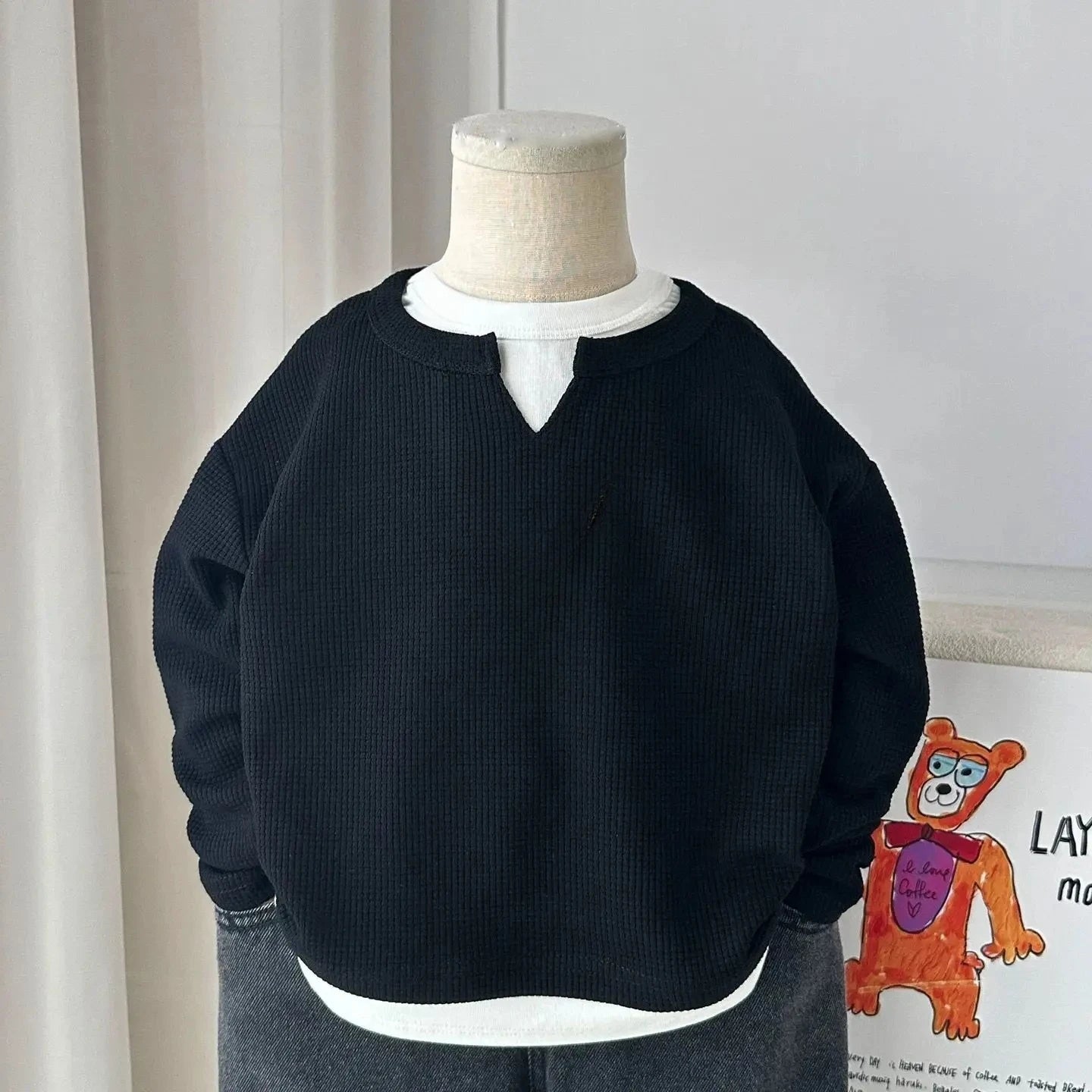 Babys Boys Waffle Grid Long Sleeved V-neck T-shirt Spring Autumn 2025 Pullover Cotton Hoodie Kids Handsome Fake Two Items Tops