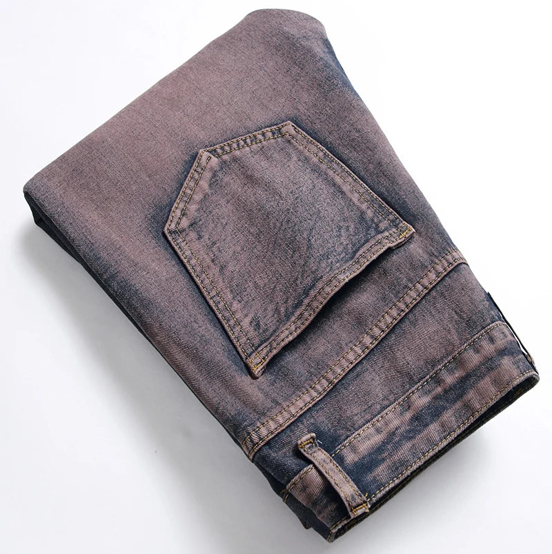 Purple Ripped Men's Jeans Spring Summer Slim Fit Straight Hole Cotton Denim Pants Distressed Destroyed Streetwear 28-40