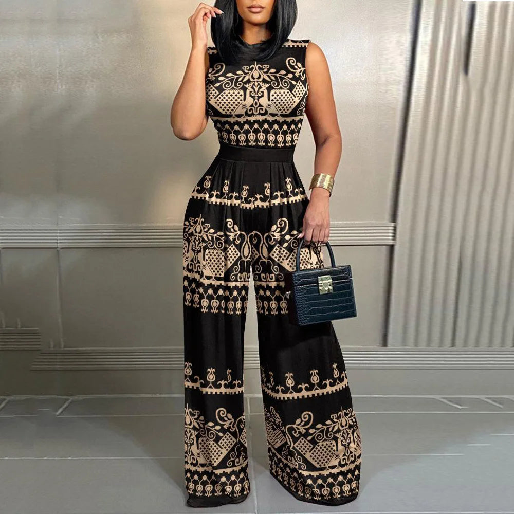 Elegant Women's Wide-leg Long Jumpsuit Spring And Summer Fashion Printed Sleeveless Casual Mid-waist Straight Jumpsuit Trousers