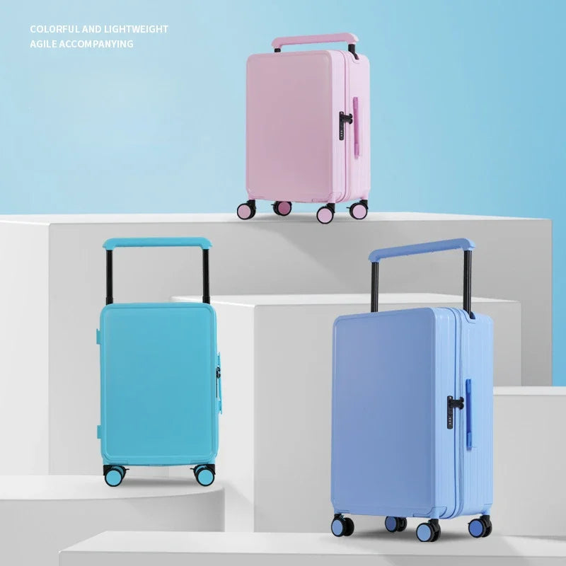 Wide Handle Front Opening Luggage Travel Bags Password Boarding Case 2025 Large Capacity Zipper Rolling Luggage Case