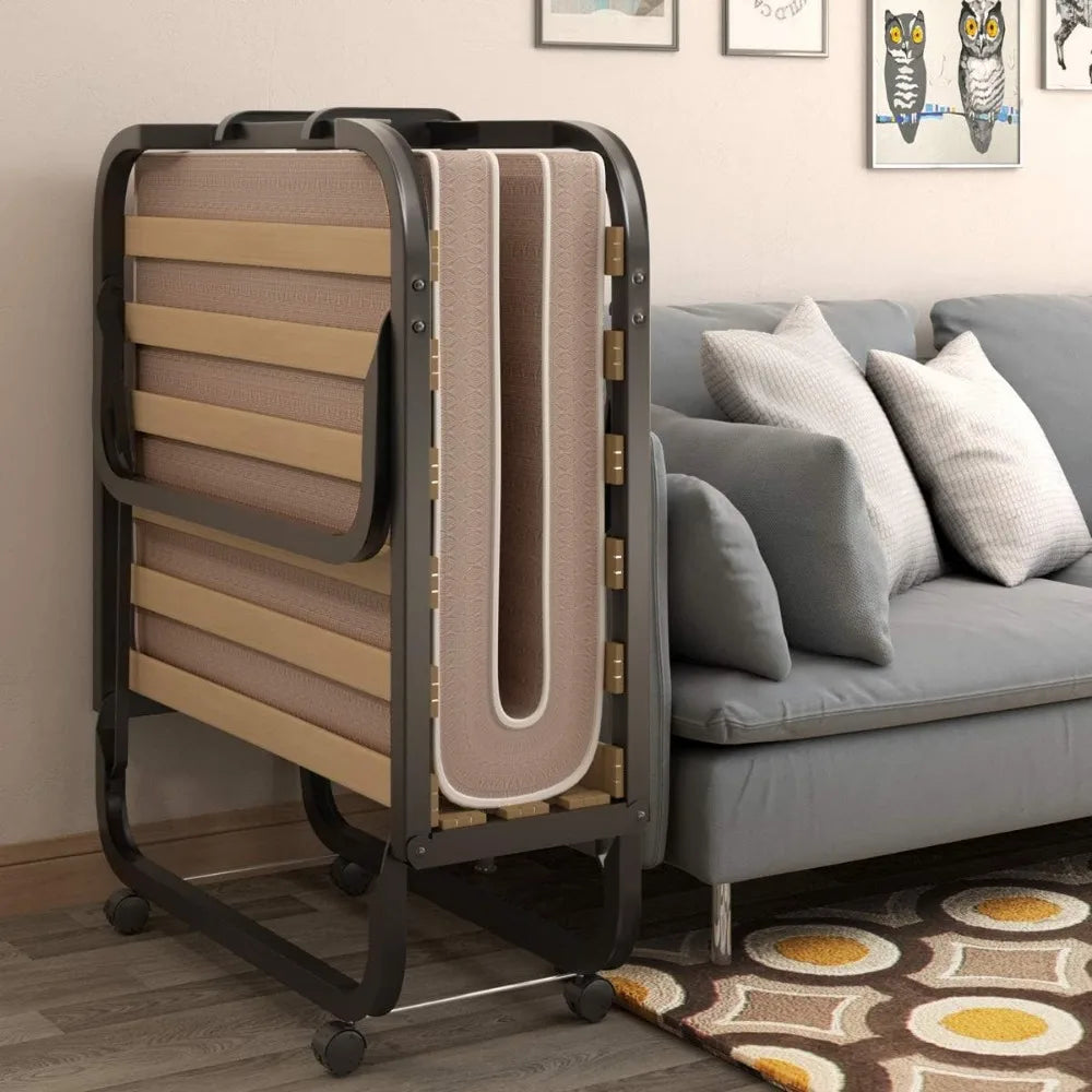Folding Bed with 4 Inch Mattress, Foldable Rollaway Bed with Memory Foam Mattress for Adults, Portable Fold Up Guest Bed