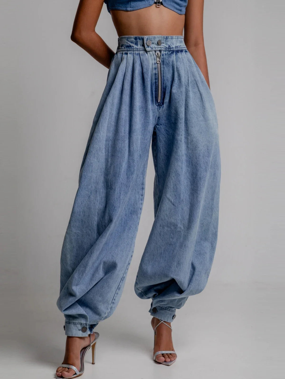 Fmxires Women Spring High Waist Zipper Denim Loose Harem Trousers Jeans Female Vintage Balloon Pants Ladies Casual Denim Pants