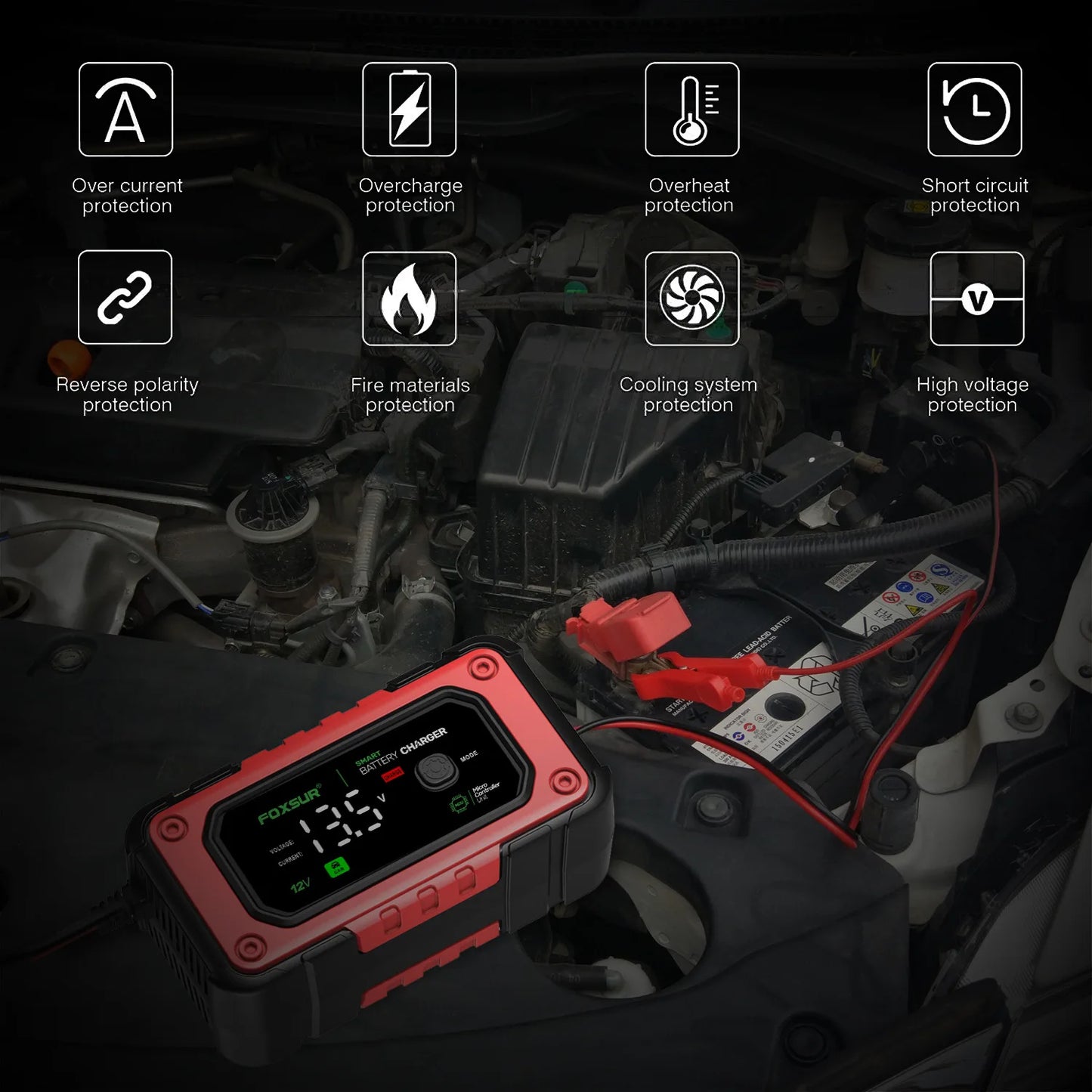 EAFC 12V 7A Car Battery Charger Smart Multiple Protection AGM Lithium Iron Lead-acid Charger for Car SUV RV Motorcycle Truck