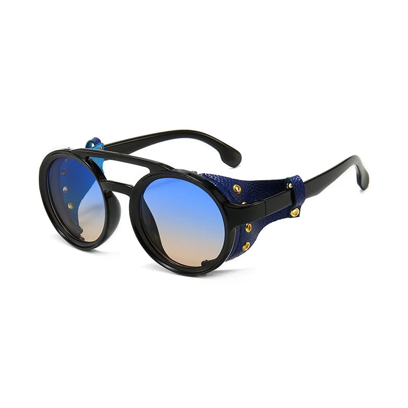 Steampunk Shields Sunglasses Men Women Classic Sun Glasses With Side Leather Round Eyewears Punk UV400 Lens