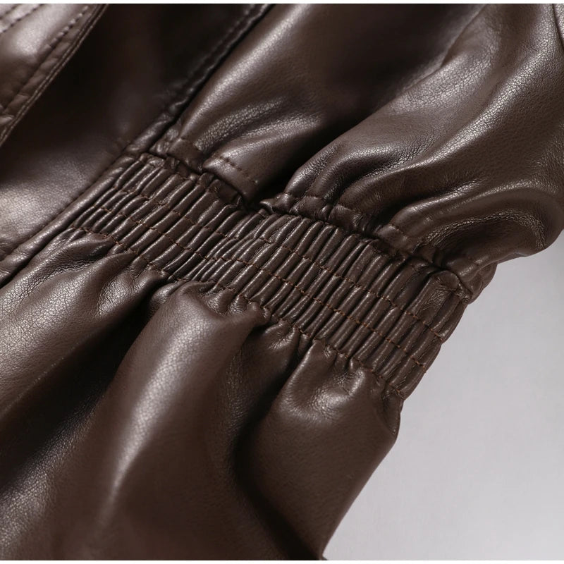 Faux Leather Jacket Women Turn-down Collar Zipper Front Puffy Sleeves Stylish Waist Cinching Coat 2025 Female Winter Outerwear