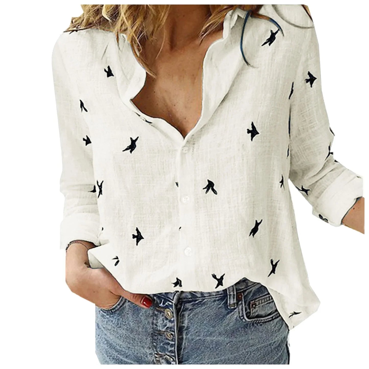 Korean Fashion Blue Pink Lapel Shirt Women'S Summer Thin Cool Cotton Linen Shirt French Elegant V-Neck Long Sleeve Shirt Lady