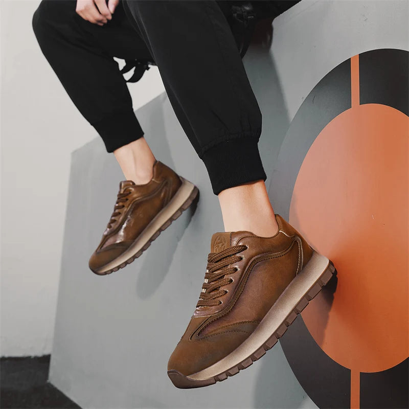 Classic Leather Casual Sneakers Men Comfortable Men's Spring Autumn Sneakers Platform Shoes Lace Up Brown Black Footwear 2025