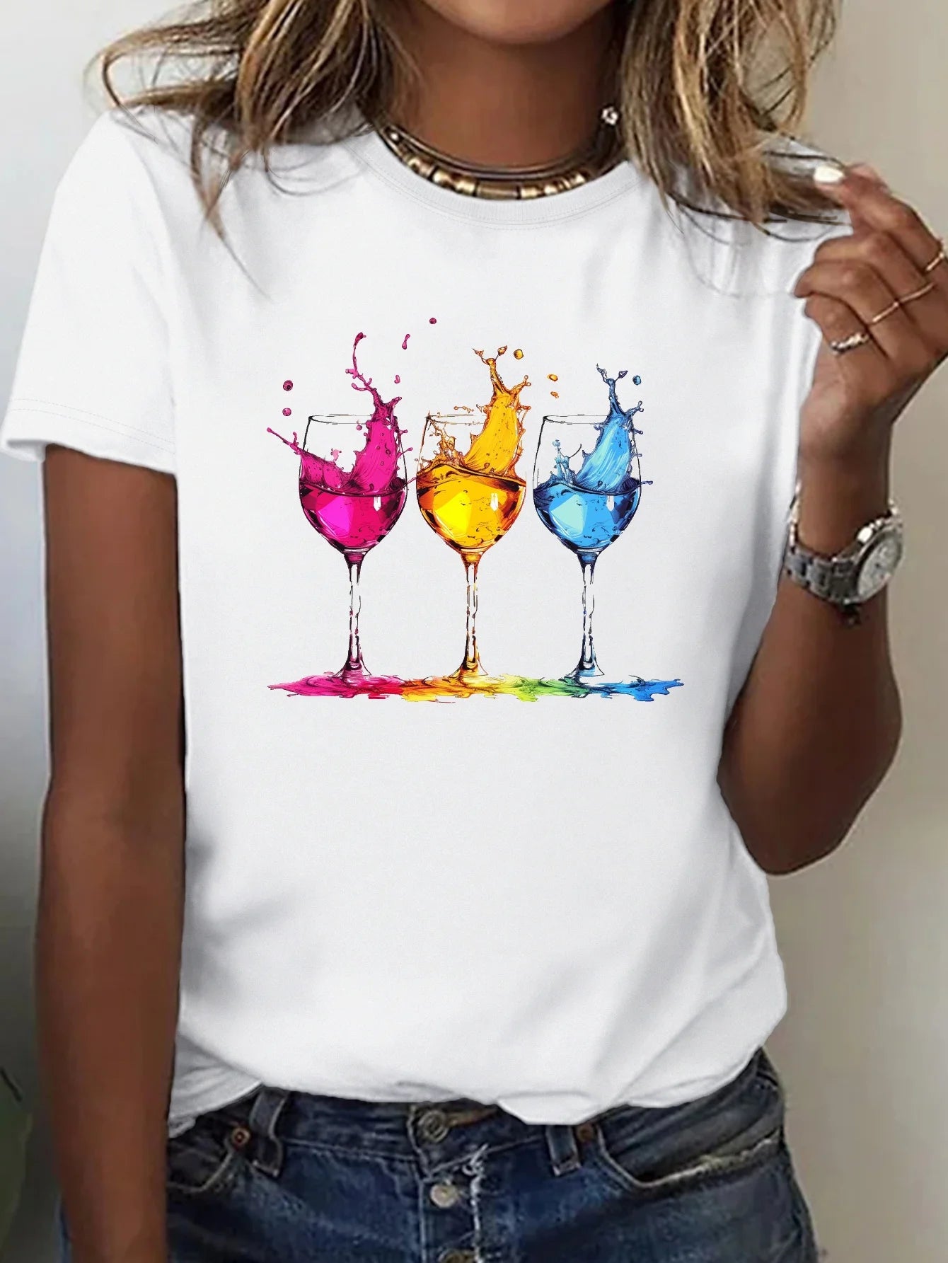 Wine Glasses Print Crew Neck T-shirt Casual Short Sleeve Top for Spring & Summer Women's Clothing Aesthetic Clothes