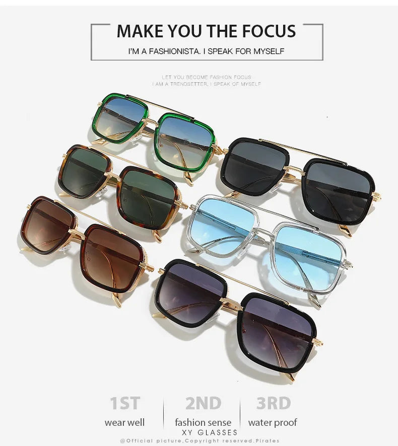 Large Square Sunglasses Men Steampunk Style Metal Pilot Sun Glasses Luxury Designer Brand Eyewear Fashion Shades Double Beam
