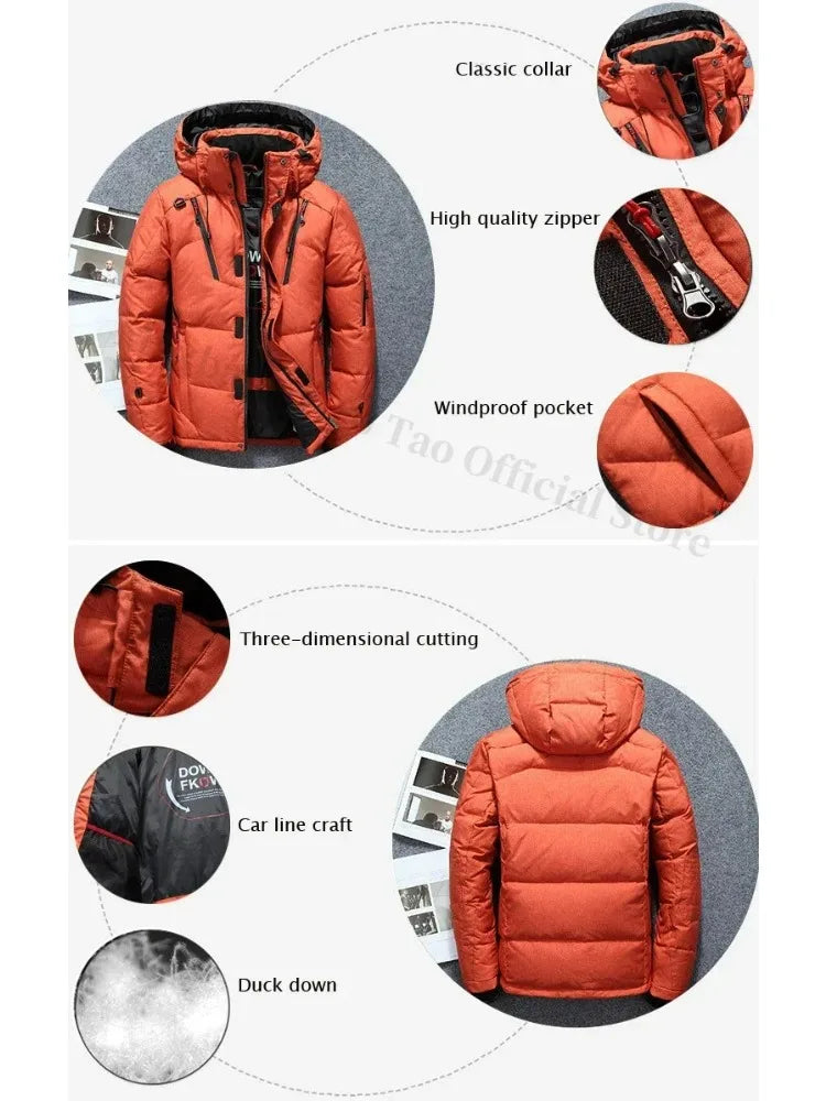 Winter Thickened Men Down Jacket Climbing Hunting Hooded Warm White Duck Down Coat Man Casual Lightweight Puffer Jacket Ski Snow