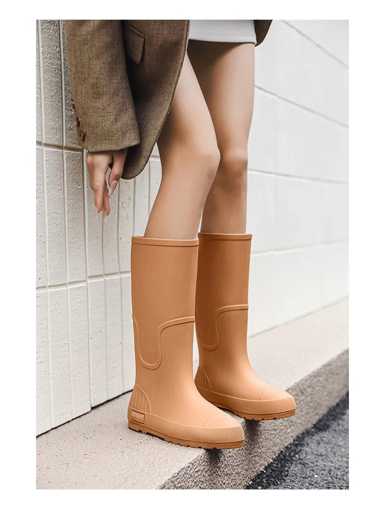 Women's High-Top Rain Boots Spring Autumn Waterproof Slip-Resistant Long Tube Shoes for Outdoor Work PVC Material Knee-High