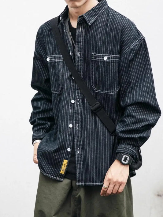 Retro Striped Loose Fit Long Sve Collared Men's Denim irt Spring Faion Workwear Jaet Youthful Wear Resistant Chinese...