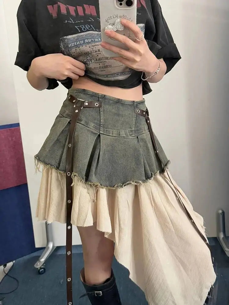 EAM Color-block Irregular Spliced High Elastic Waist A-line Mini Denim Skirt Women Fashion Tide New Spring Autumn 2026 30A3307