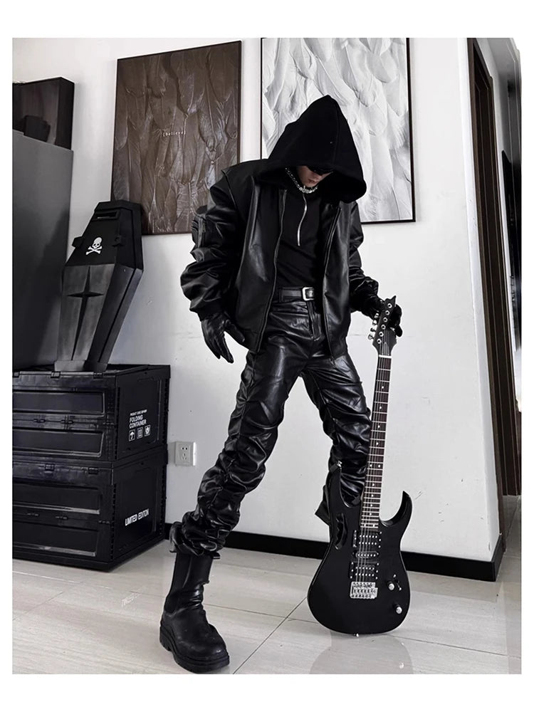 Mauroicardi Spring Autumn Cool Long Ruched Soft Black Pu Leather Stacked Pants for Men Luxury Designer Cyberpunk Rock Clothes
