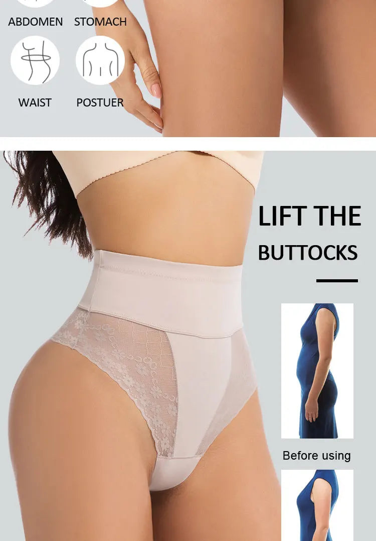 High Waist Tummy Control Women Seamless Panties Sexy Flroal Lace Splicing Thongs Tight Elastic Breathable Soft Lingerie