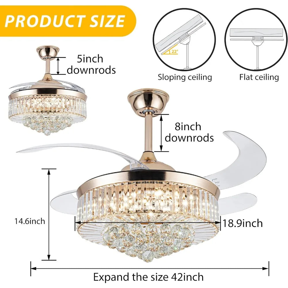 Reversible Chandelier Crystal Ceiling Dimming Modern Ceiling Fan Remote Control Retractable Invisible Blades  Fan with Stepless