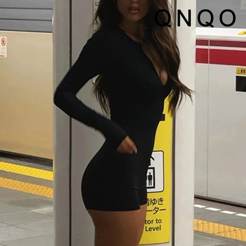 QNQO Black Rompers for Women V-Neck Chic Casual Playsuits Spring Summer 2025 New Fashion Female Long Sleeve Comfortable Rompers