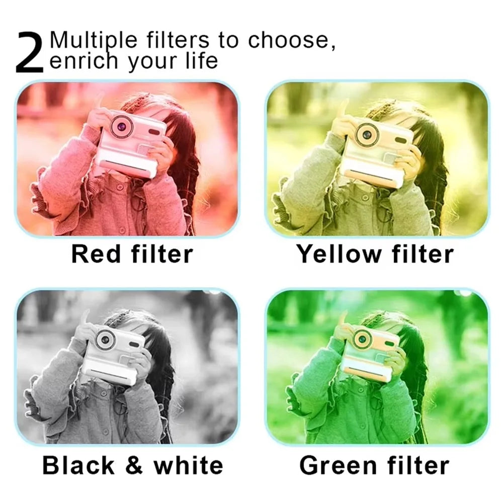 Kids Instant Print Camera 1080P 48MP 2.4 Inch Screen 16X Zoom Children Camera Thermal Printer Portable Travel Selfie Camera Toy