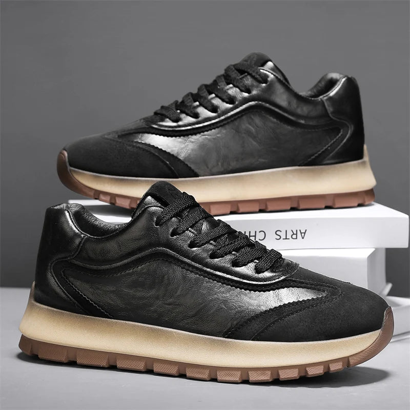 Classic Leather Casual Sneakers Men Comfortable Men's Spring Autumn Sneakers Platform Shoes Lace Up Brown Black Footwear 2025