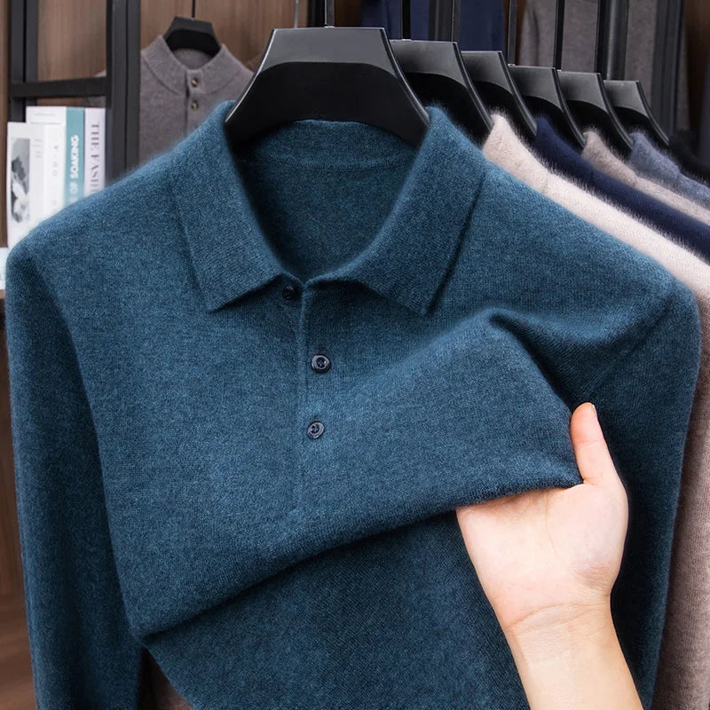 100% Australian Merino Wool Sweater, 360g Thickened Anti-Pilling, Polo Collar Gold Quality Pullover