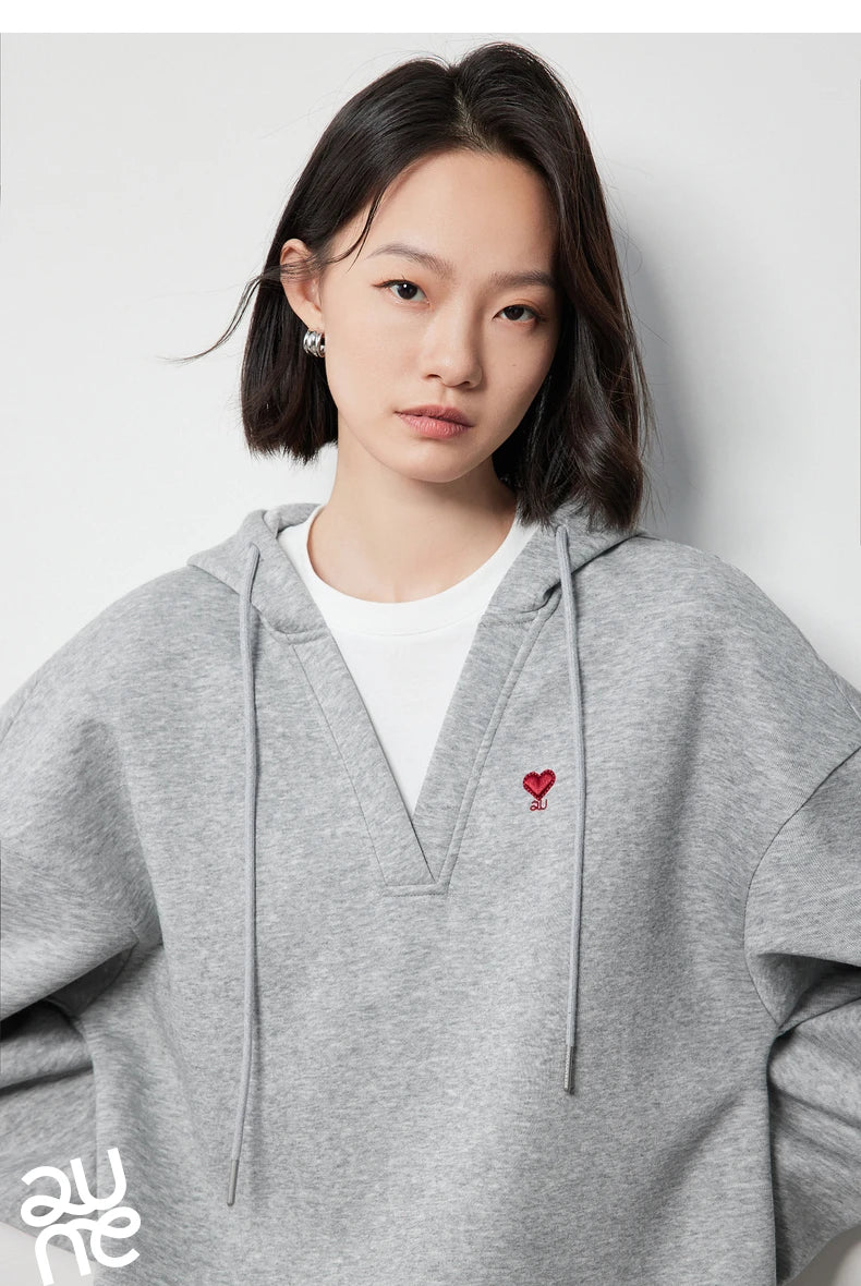 TOYOUTH Women Hoodies Sweatshirt 2024 Autumn New Heart Patter Embroidery Fake Two Piece Hooded Pullover Tops
