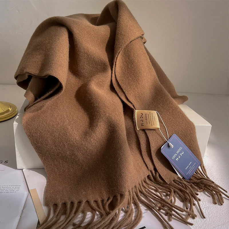 Fashion 100% Wool Scarf Soft Solid Color Scarf for Women Versatile Warm Winter Scarf Thicken Knitted Shawl Simple Tassel Scarves