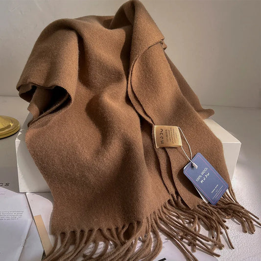 Fashion 100% Wool Scarf Soft Solid Color Scarf for Women Versatile Warm Winter Scarf Thicken Knitted Shawl Simple Tassel Scarves