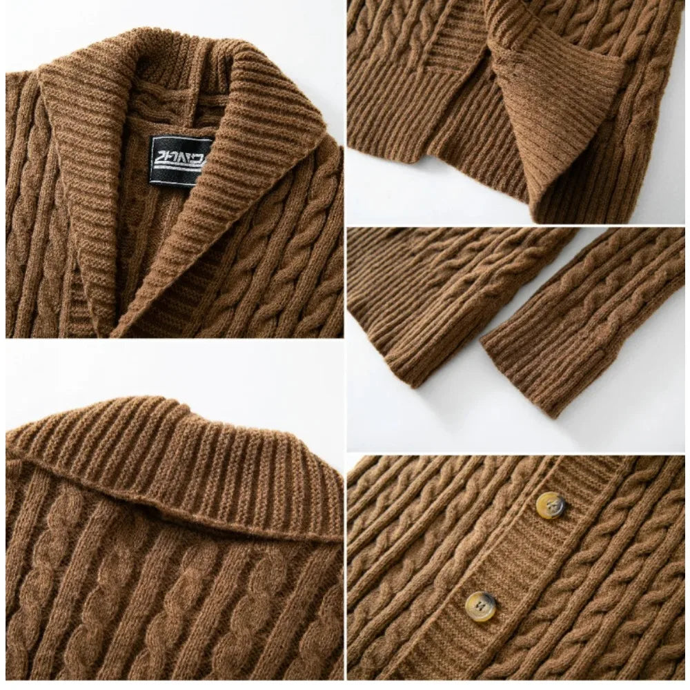 Cardigan Men Stand Collar Sweaters Coat Knitted Full Sleeve Single Breasted Solid Knit Thick Open Stitch Coats Autumn Winter