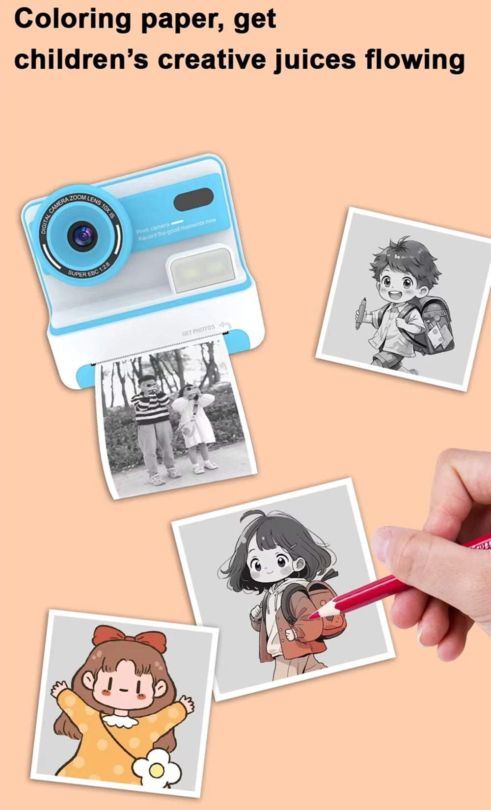 Kids Instant Print Camera 1080P 48MP 2.4 Inch Screen 16X Zoom Children Camera Thermal Printer Portable Travel Selfie Camera Toy
