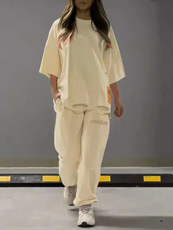 Summer New Fashion Hollowed Out O Neck T Shirt Women's 2 Piece Set Solid Color Casual Relaxed Tracksuit Pants Pocket Female Suit
