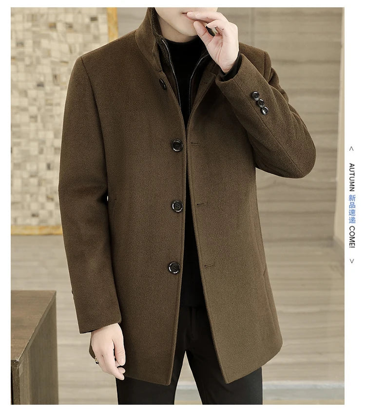 Men's Long Wool Coat High Quality Trendy Fashion Handsome Solid Color Wool Trench Coat with Removable Thickened down Inner Liner