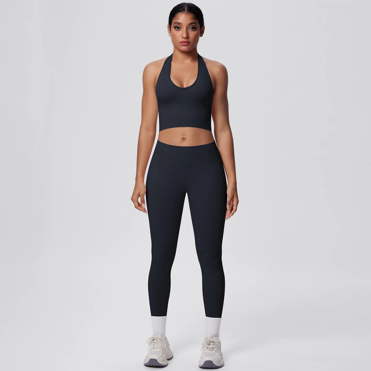 Solid Color Backless Breathable 2pieces Set for Woman High Strength Training Yoga Set Hanging Neck Bra Gym Push Up Fitness Pants