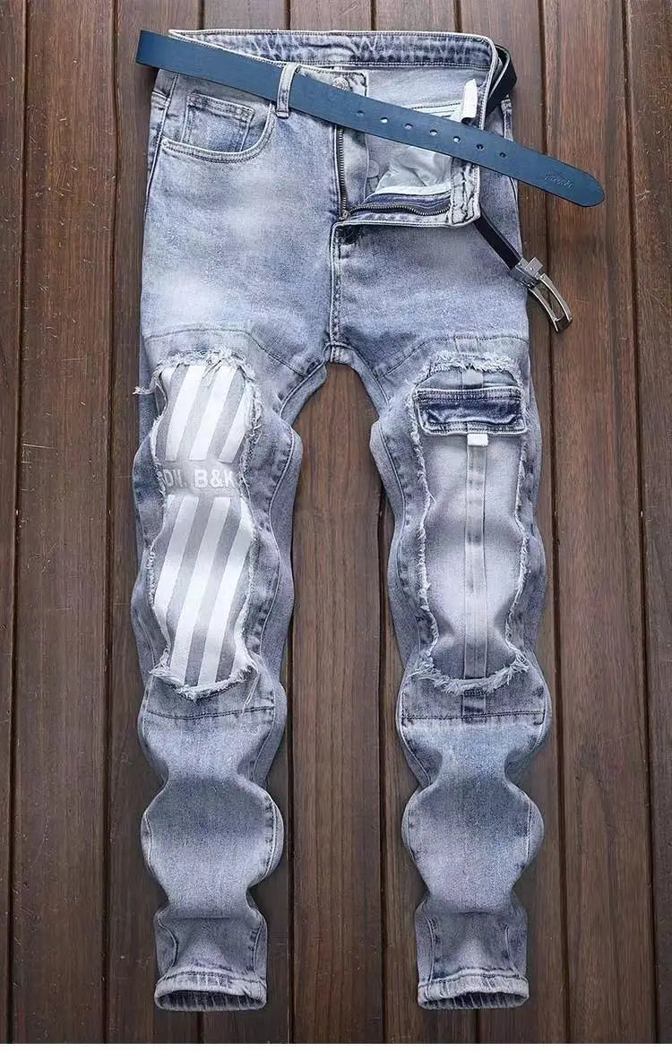 New Spring Autumn Wash Denim Korean Style Blue Designer Cowboy Cycling Motorcycle Splice Vintage Cargo Strech Pant Jean Trousers