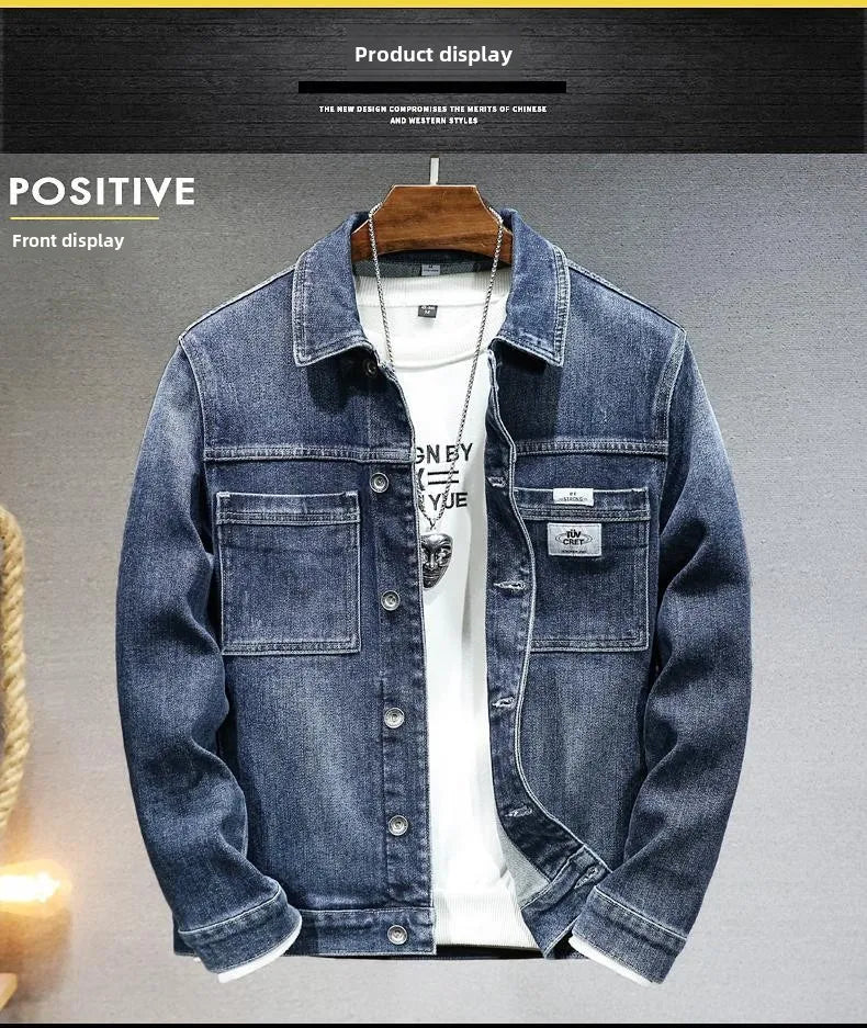 Men's Casual Single Breasted Cotton Blue Fashion Spring Autumn Denim Coat Trendy Brand Stylish High-end Washed Workwear Jacket