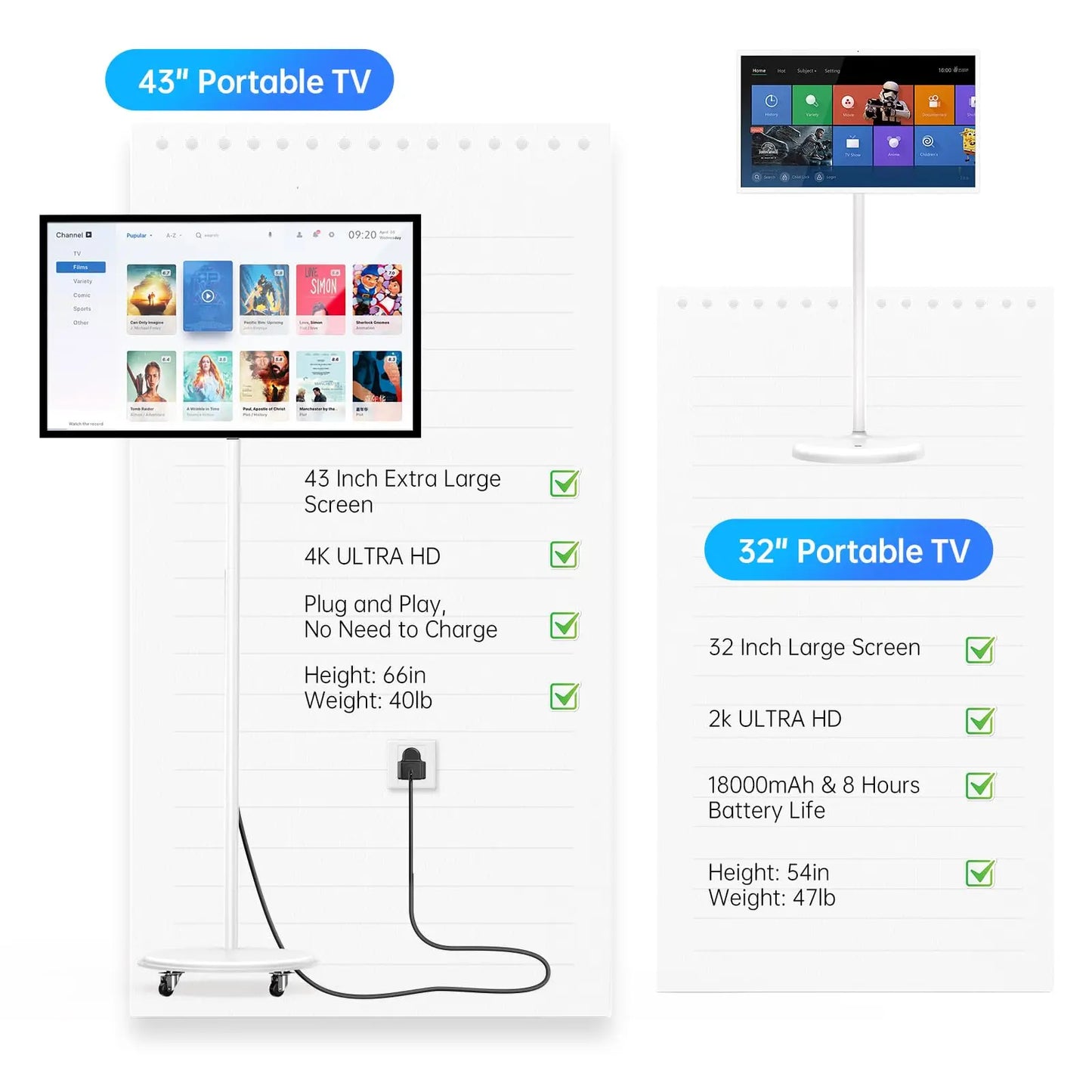 Portable TV 32 Inch Smart Touch, Rotating 2K LCD Screen with Built-in Cables, Android Operating System Stanbyme