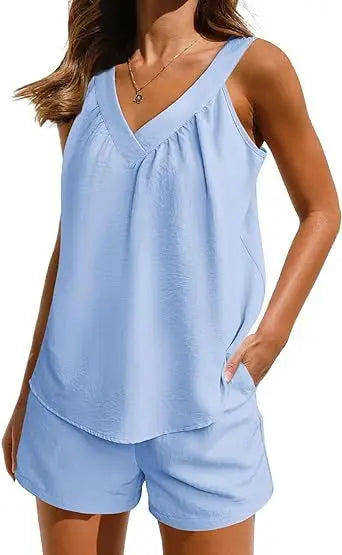 New Summer Women's 2-piece Set Pink V-neck Vest Elastic Pocket White Stylish Black Shorts Set