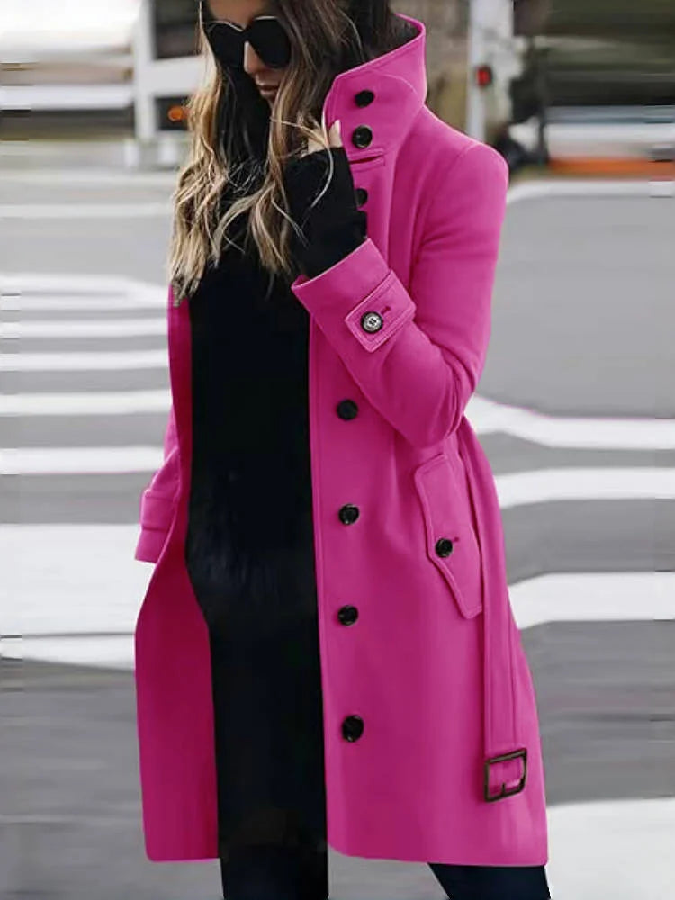 Women's Wool Blend Coat Winter Warm Single Breasted Jacket with Turn-down Collar Long Outerwear Female Clothing
