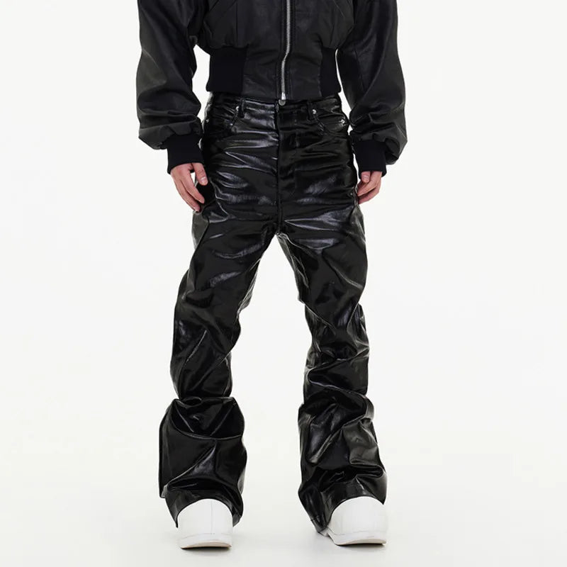PFNW New Spring Men's Jeans Loose Wide Leg Coating Glossy Patent Leather Straight Male Denim Pants Niche Style 2025 12C509