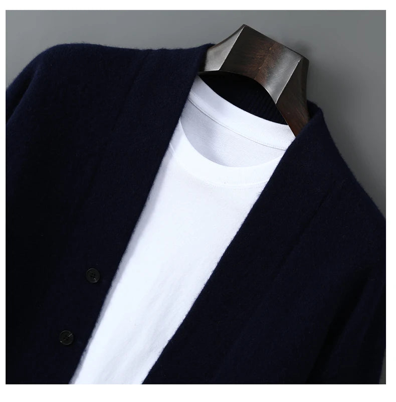 2025 Autumn Winter New Thick Cardigan 100% Pure Wool Men's Versatile Jacket V-Neck Loose Casual Highend Knitted Cashmere Sweater