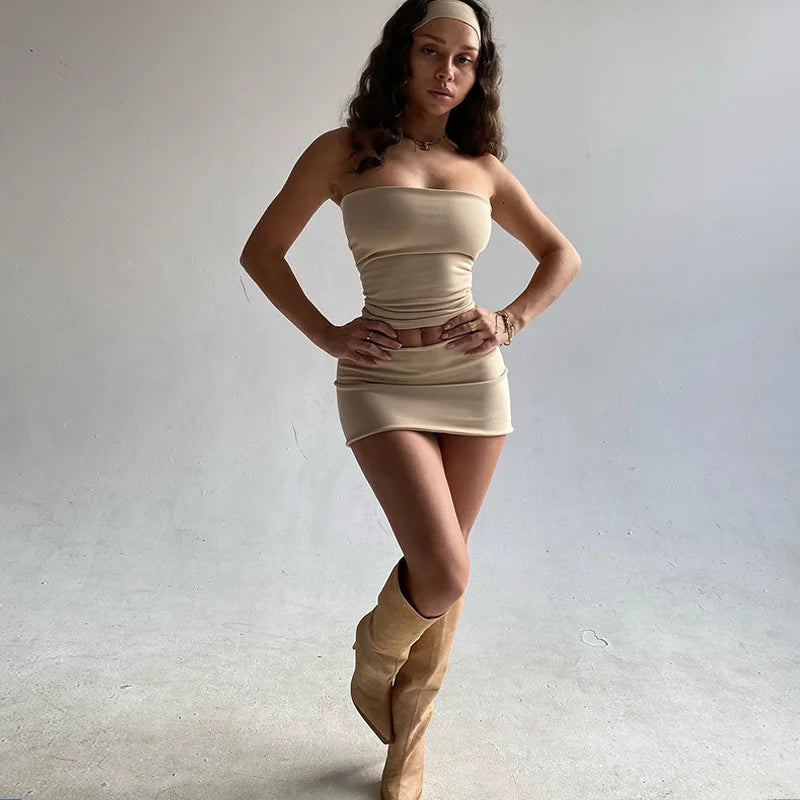 Y2k New Sexy Women Skirt Fashion Solid Color Tanks Package Hip Short Skirts Female Spring Summer Slim Mini Skirts Tube Tops Sets