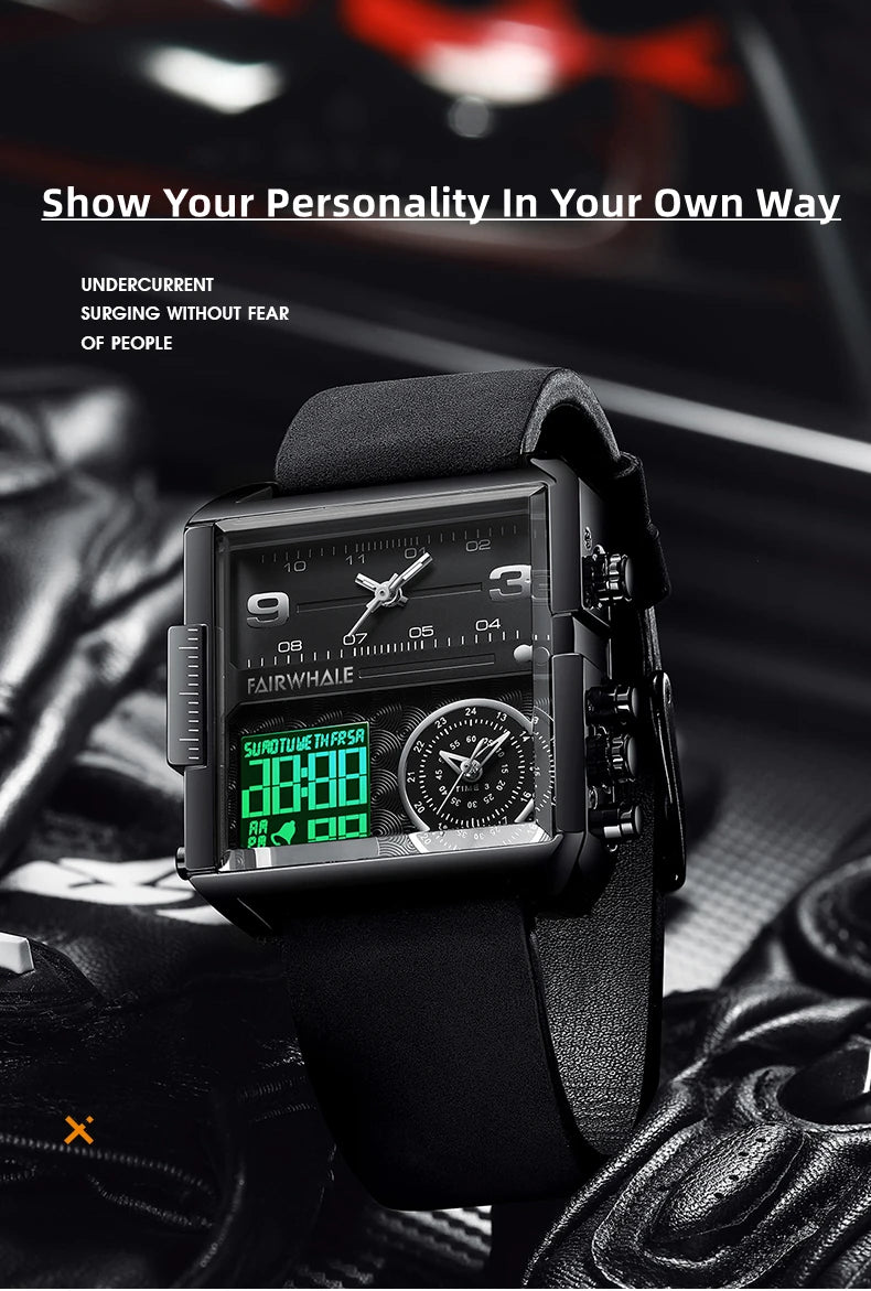 Mark Fairwhale 4270 Retro Square Men's Electronic Digital Dual Display Waterproof Night Light Leisure Men's Clock reloj hombre