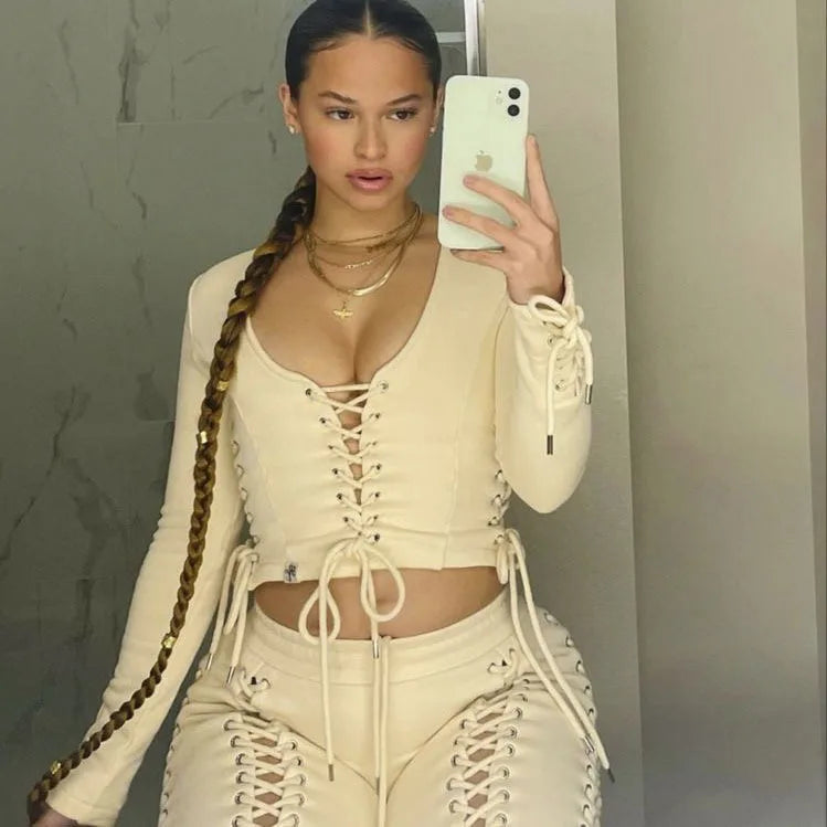 BoozRey Y2k Women Pants Streetwear Low Waist Pant 90s Vintage Clothes Skinny Slim Sexy Lace Up Hollow Out Straight Trousers