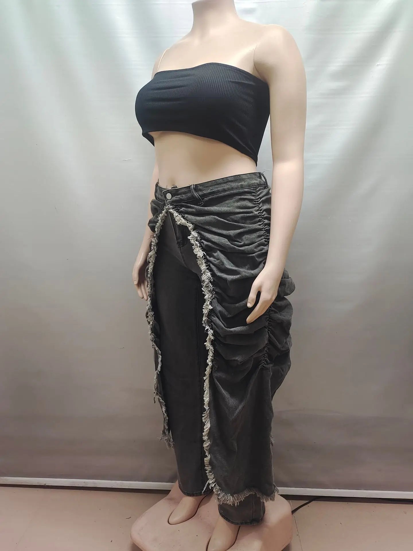 Women Solid Jeans Pants Denim Pleated Trousers Fuzzy Edge Full Lenth Mid Waist Zipper Straight Y2k Streetwear Casual 2026 Spring