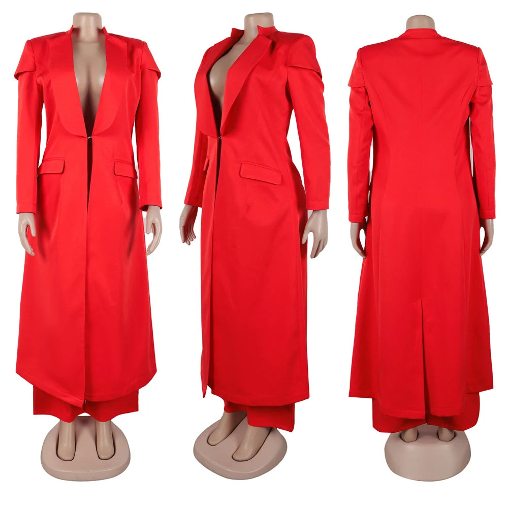 Streetwear Fashion X-Long Blazer Coat and Long Pants Suit 2 Two Piece Set for Women 2025 Spring African Work Business Outfits