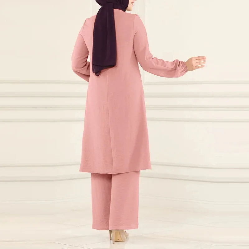 Islamic Fashion Clothing Suits for Women Spring Autumn Solid Color Elegant Abaya Long-sleeved Shirt Loose Wide-leg Pant Muslim