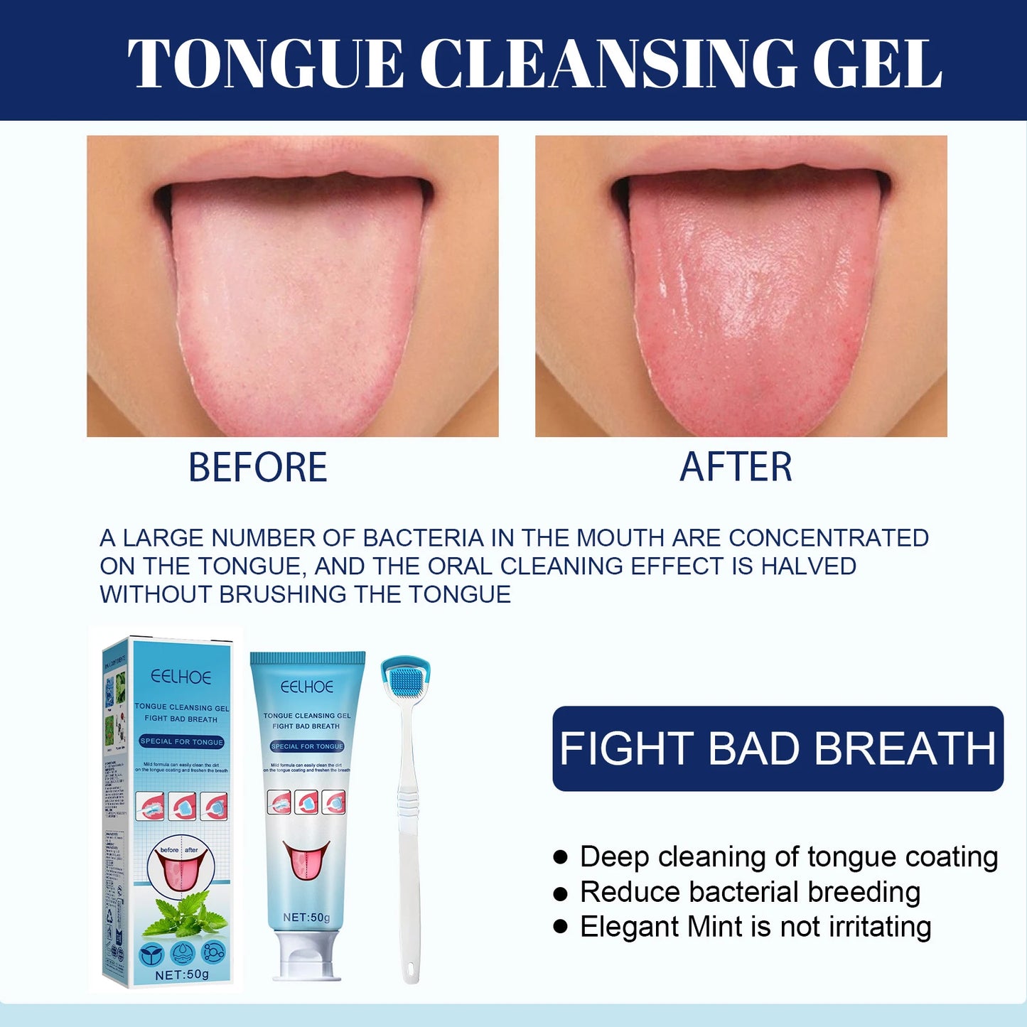 EELHOE Tongue Cleaning Gel with Brush Oral Care Removal Odor Health Fresh Breath Care Dental Hygiene Tools Coating Cleaning Kit